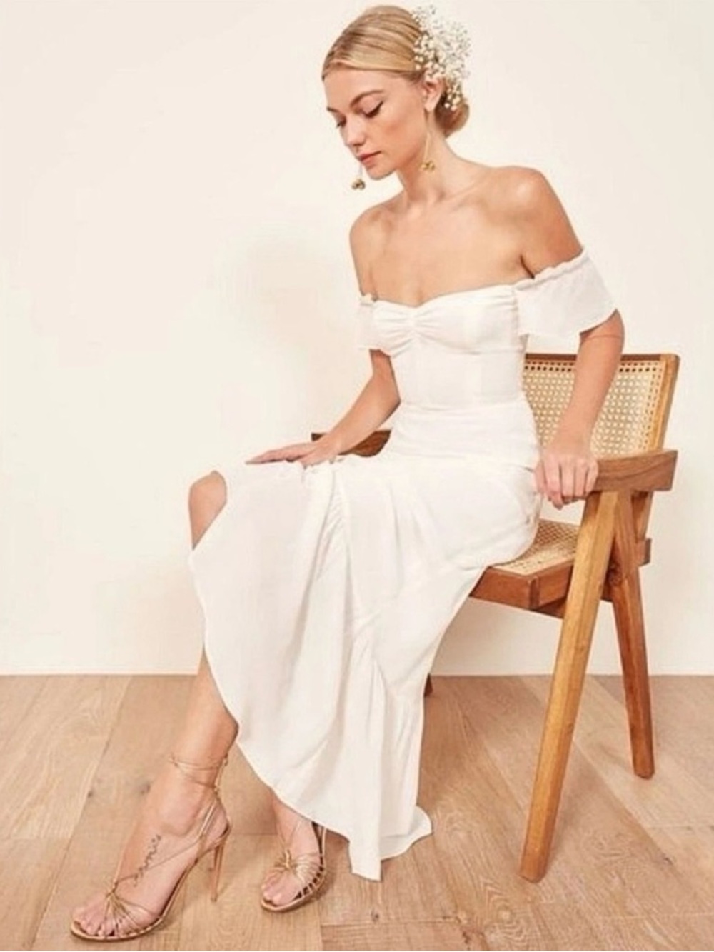 Reformation Off-Shoulder Cream Strapless Midi Dress